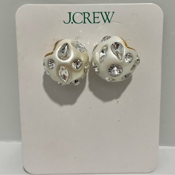 J Crew Crystal-embellished pearl stud earrings NEW Statement Sparkle + bag - Picture 3 of 6